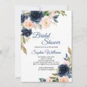Navy Blue & Blush Floral Bridal Shower Invitation Kaart (Voorkant)
