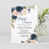 Navy Blue & Blush Floral Bridal Shower Invitation Kaart (Staand voorkant)