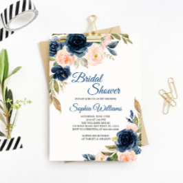 Navy Blue & Blush Floral Bridal Shower Invitation Kaart