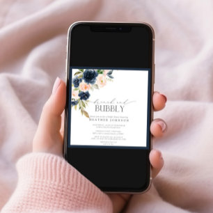 Navy Blue & Blush Floral Brunch & Bubble Shower Kaart