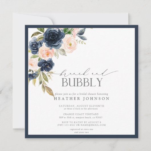 Navy Blue & Blush Floral Brunch & Bubble Shower Kaart (Voorkant)