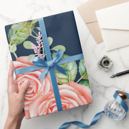 Navy Blue Blush Floral Cadeaupapier