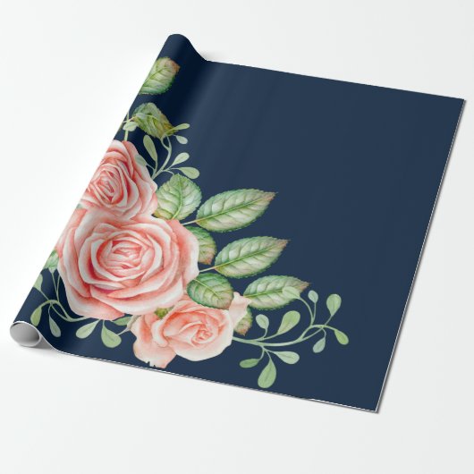 Navy Blue Blush Floral Cadeaupapier (Uitgerold)