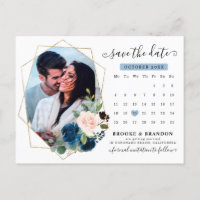 Navy Blue Blush Floral Calendar Save the Date