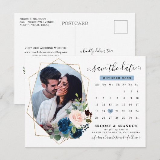 Navy Blue Blush Floral Calendar Save the Date Briefkaart (Voorkant / Achterkant)