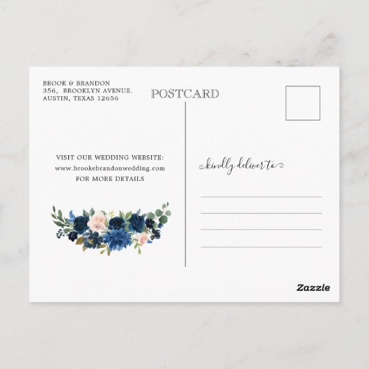 Navy Blue Blush Floral Calendar Save the Date Briefkaart (Achterkant)