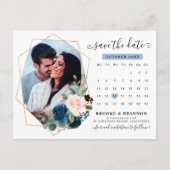 Navy Blue Blush Floral Calendar Save the Date Briefkaart (Voorkant)