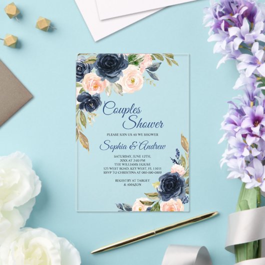 Navy Blue & Blush Floral Couples Shower Invitation Acryl Uitnodigingen (Insitu (Huwelijk))