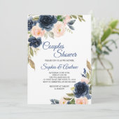 Navy Blue & Blush Floral Couples Shower Invitation Kaart (Staand voorkant)