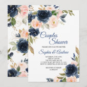 Navy Blue & Blush Floral Couples Shower Invitation Kaart (Voorkant / Achterkant)