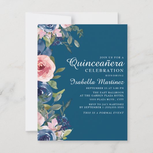 Navy Blue Blush Floral Green Leaves Quinceañera Kaart (Voorkant)