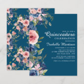 Navy Blue Blush Floral Green Leaves Quinceañera Kaart (Voorkant / Achterkant)