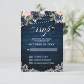 Navy Blue Blush Floral Rustic String Light RSVP (Staand voorkant)