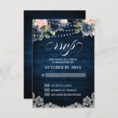 Navy Blue Blush Floral Rustic String Light RSVP (Voorkant / Achterkant)