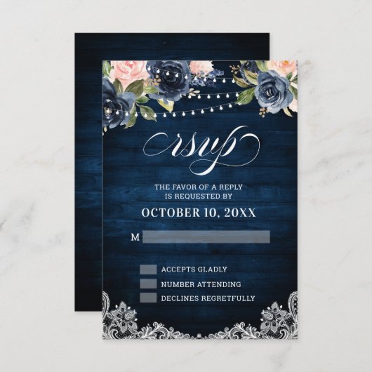 Navy Blue Blush Floral Rustic String Light RSVP (Voorkant / Achterkant)