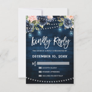 Navy Blue Blush Floral Rustic String Light RSVP