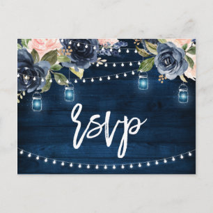 Navy Blue Blush Floral Rustic String Light RSVP Briefkaart