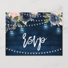 Navy Blue Blush Floral Rustic String Light RSVP Briefkaart