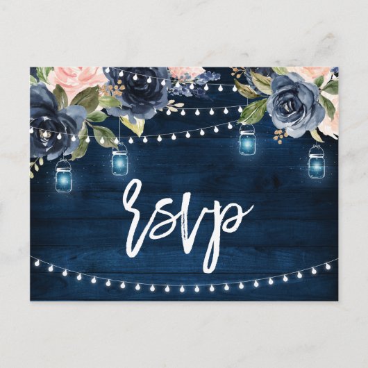 Navy Blue Blush Floral Rustic String Light RSVP Briefkaart (Voorkant)