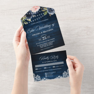Navy Blue Blush Floral Rustic String Light Wedding All In One Uitnodiging