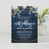 Navy Blue Blush Floral Rustic String Light Wedding Kaart (Staand voorkant)
