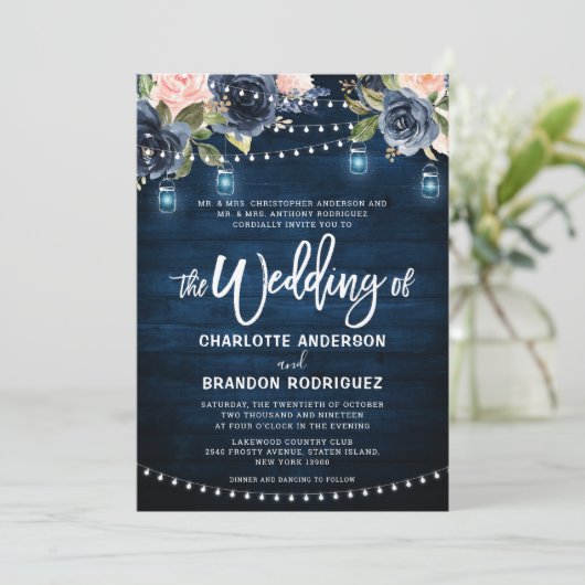 Navy Blue Blush Floral Rustic String Light Wedding Kaart (Staand voorkant)
