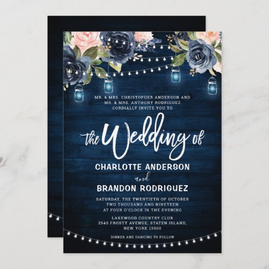 Navy Blue Blush Floral Rustic String Light Wedding Kaart (Voorkant / Achterkant)