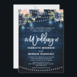 Navy Blue Blush Floral Rustic String Light Wedding Kaart<br><div class="desc">Waterverf blauw blauw roze roze roze roestvrij landschap met taarlicht en mason - jars trouwuitnodigkaart sjabloon met groene botanische bladeren en eucalyptusbladeren op een houten achtergrond. Dit prachtige, eenvoudig aan te passen design kan gemakkelijk worden afgestemd op uw trouwkleuren, -stijlen en -thema en het is een perfecte keuze voor herfst...</div>