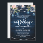 Navy Blue Blush Floral Rustic String Light Wedding Kaart<br><div class="desc">Waterverf blauw blauw roze roze roze roestvrij landschap met taarlicht en mason - jars trouwuitnodigkaart sjabloon met groene botanische bladeren en eucalyptusbladeren op een houten achtergrond. Dit prachtige, eenvoudig aan te passen design kan gemakkelijk worden afgestemd op uw trouwkleuren, -stijlen en -thema en het is een perfecte keuze voor herfst...</div>