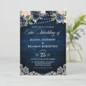 Navy Blue Blush Floral Rustic String Light Wedding Kaart (Staand voorkant)