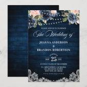 Navy Blue Blush Floral Rustic String Light Wedding Kaart (Voorkant / Achterkant)