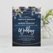 Navy Blue Blush Floral Rustic String Light Wedding Kaart (Staand voorkant)