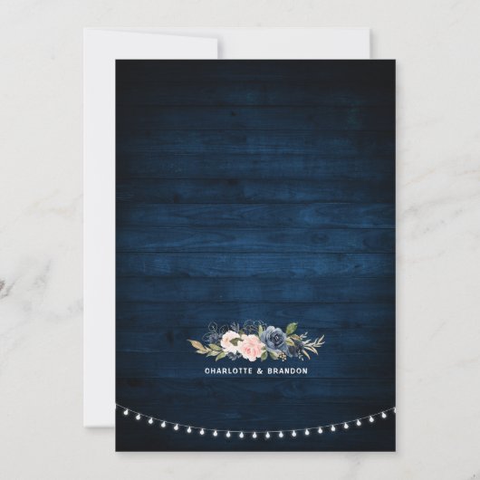 Navy Blue Blush Floral Rustic String Light Wedding Kaart (Achterkant)