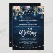 Navy Blue Blush Floral Rustic String Light Wedding Kaart (Voorkant / Achterkant)