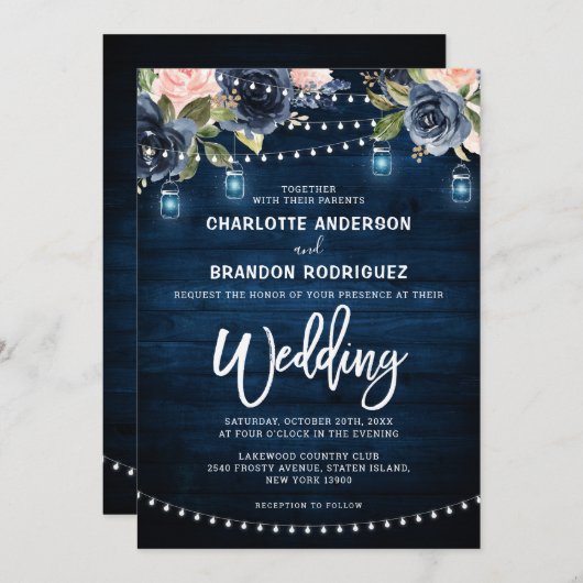 Navy Blue Blush Floral Rustic String Light Wedding Kaart (Voorkant / Achterkant)