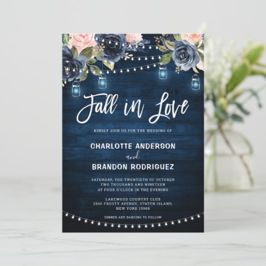 Navy Blue Blush Floral Rustic String Light Wedding Kaart (Staand voorkant)