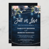 Navy Blue Blush Floral Rustic String Light Wedding Kaart (Voorkant / Achterkant)