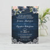 Navy Blue Blush Floral Rustic String Light Wedding Kaart (Staand voorkant)