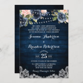 Navy Blue Blush Floral Rustic String Light Wedding Kaart (Voorkant / Achterkant)