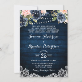 Navy Blue Blush Floral Rustic String Light Wedding Kaart