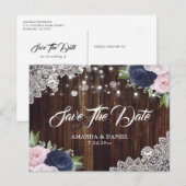 Navy Blue Blush Floral Save the Date Briefkaart (Voorkant / Achterkant)