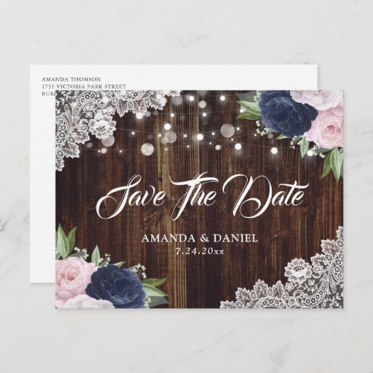 Navy Blue Blush Floral Save the Date Briefkaart (Voorkant / Achterkant)