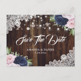 Navy Blue Blush Floral Save the Date Briefkaart