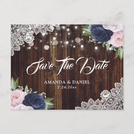 Navy Blue Blush Floral Save the Date Briefkaart (Voorkant)