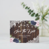 Navy Blue Blush Floral Save the Date Briefkaart (Staand voorkant)