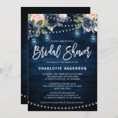 Navy Blue Blush Floral String Light Vrijgezellenfe Kaart (Voorkant / Achterkant)