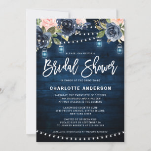 Navy Blue Blush Floral String Light Vrijgezellenfe Kaart