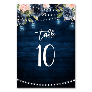 Navy Blue Blush Floral String Lights Table Number Kaart