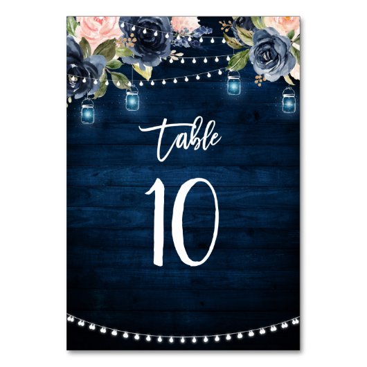 Navy Blue Blush Floral String Lights Table Number Kaart (Voorkant)