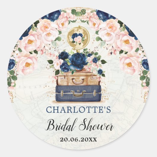 Navy Blue Blush Floral Travel Vrijgezellenfeest Fa Ronde Sticker (Voorkant)